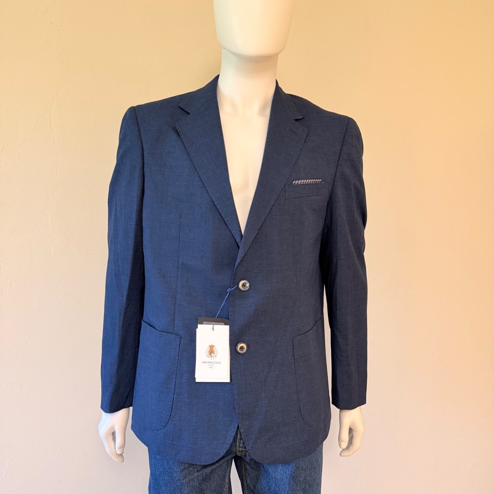 NWT A Caracciolo Sartoria Napoletana Mens Blue Blazer Jacket 54 IT Made in Italy